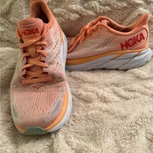 Hoka One One Clifton 8 Women’s Running Shoes — Peach Coral with White Midsole